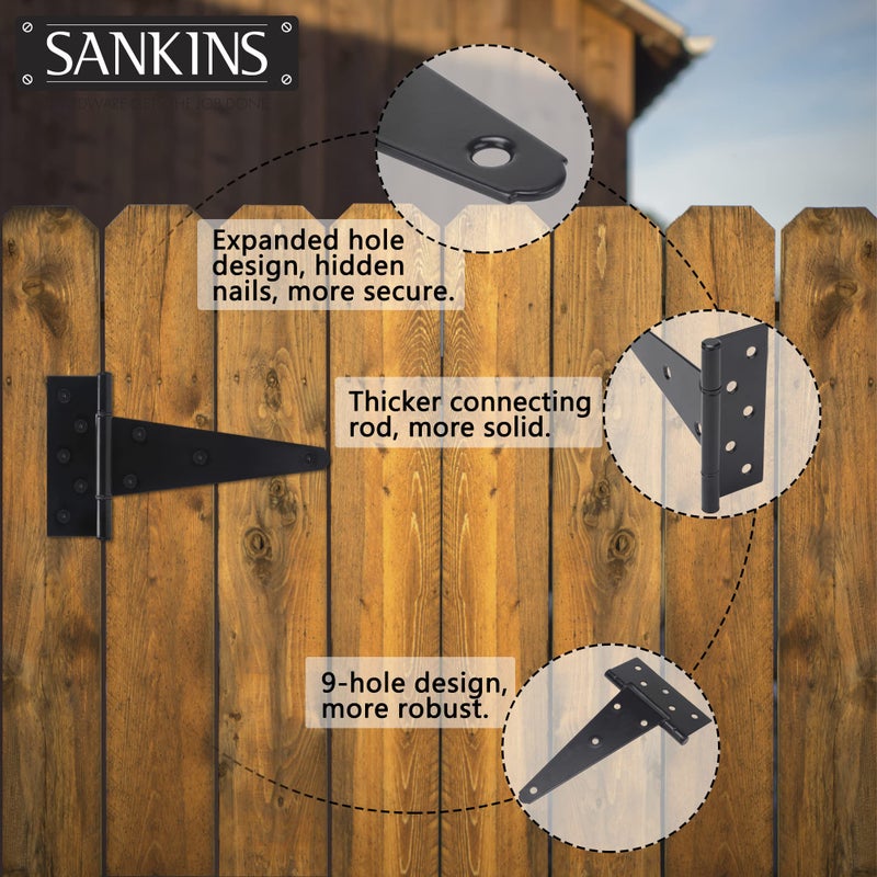 SANKINS 8 Inch T-Strap Shed Door Hinges Heavy Duty, Black Tee Hinge for Wooden Fences, Yard Door, Barn Door Gates, Wrought Hardware Rustproof, 4PCS - Image 5